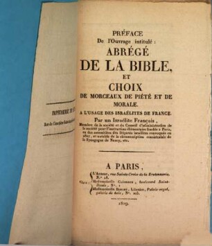 Préface de l'ouvrage intitulé: Abrégé de la Bible, et choix de morceaux de piété et de morale : A l'usage des Israélites de France