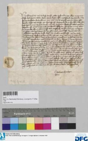 Hans vom Hirczhorn, Ritter, schreibt an die Stadt Nürnberg in Schuldbriefangelegenheiten.