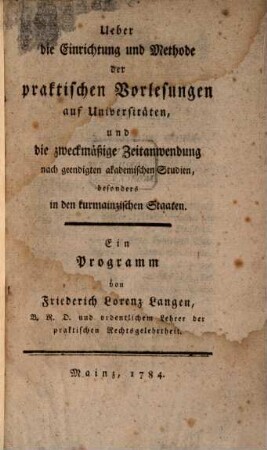 Über die Einrichtung und Methode der praktischen Vorlesungen auf Universitäten