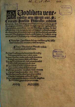 Quodlibeta Conradi Koellin Ulmensis ...