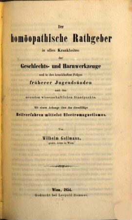 Der homoeopathische Rathgeber in allen Krankheiten der Geschlechts- u. Harnwerkzeuge