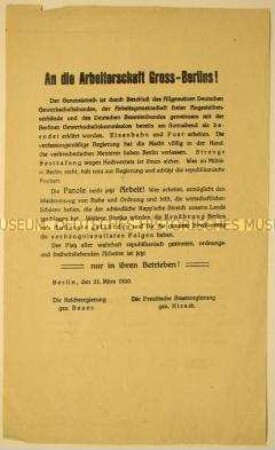 Aufruf der Regierung Bauer an die Arbeiter zur Wiederaufnahme der Arbeit nach Beendigung des Generalstreiks und Niederschlagung des Kapp-Putsches durch das Militär