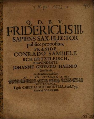 Fridericvs III. Sapiens Sax. Elector