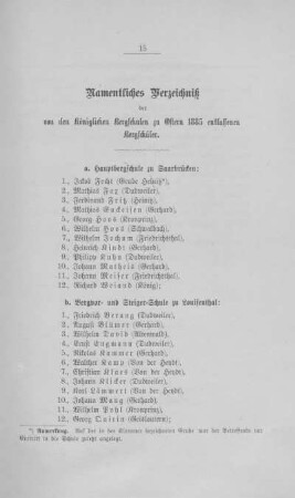 Namentliches Verzeichnis der von den königlichen Bergschulen zu Ostern 1885 entlassenen Bergschüler