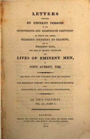 Letters written by eminent persons in the seventeenth and eighteenth centuries, 2,1