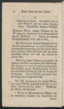 II. Vom innern Sinn. Unterschied des innern Gefühls und der innern Empfindung. Dreifaches inneres Gefühl