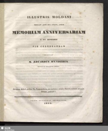 1844: Illustris Moldani dedicati ante hos ... annos memoriam anniversariam ... pie celebrandam ... indicit