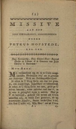 Missive aan den hoog eerwardigen ... Heere Petrus Hofstede, ... bij Gelegenheid van zijn ... herderlijken brief aan de Rotterdamsche Gemeente