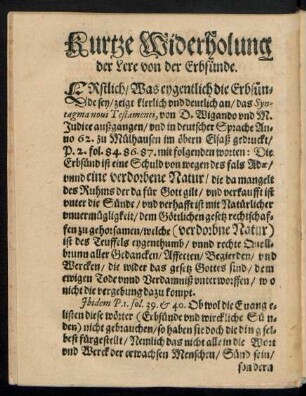 Kurtze Widerholung der Lere von der Erbsünde.