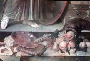 Brustbild des Herzogs Leopold Clemens von Lothringen, gehalten von den Allegorien der Stärke, des Glaubens und der Klugheit, mit den Symbolen der Künste