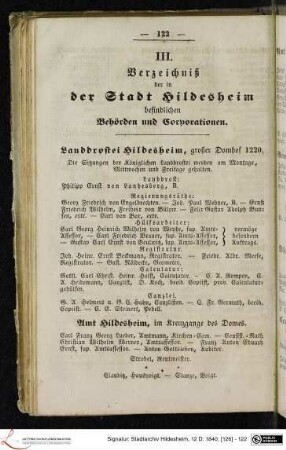 III. Verzeichniß der in der Stadt Hildesheim befindlichen Behörden und Corporationen.