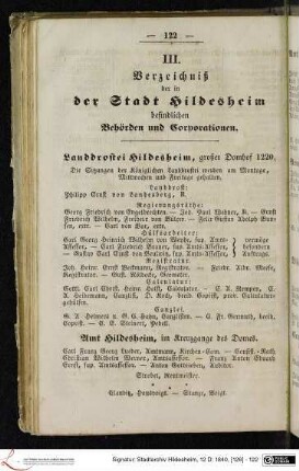 III. Verzeichniß der in der Stadt Hildesheim befindlichen Behörden und Corporationen.