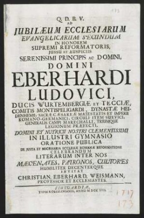 Ad Jubilaeum Ecclesiarum Evangelicarum Secundum In Honorem Supremi Reformatoris...