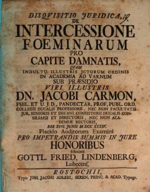 Disquisitio iur. de intercessione foeminarum pro capite damnatis