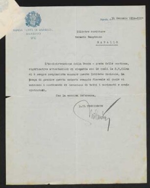 Brief von Banda Città di Rapallo an Gerhart Hauptmann