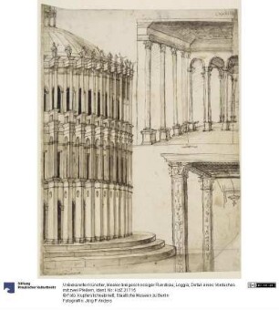 Idealer dreigeschossiger Rundbau; Loggia; Detail eines Vordaches mit zwei Pfeilern