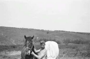 Zweiter Weltkrieg. Frontbilder. Rußland, Oblast Belgorod. Angehöriger der deutschen Wehrmacht mit Pferden