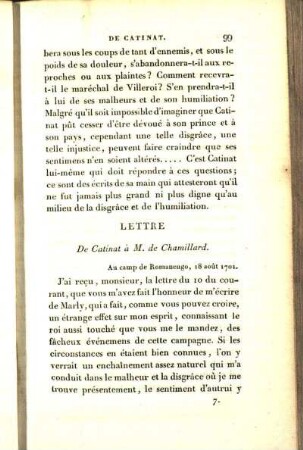 Lettre De Catinat à M. de Chamillard.