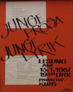 "Junge Prosa - junge Lyrik. Lesung am 13.01.1987 im Pawlow-Klub"
