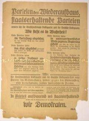 Programmatischer Wahlaufruf der DDP mit Darstellung der DNVP und der DVP als staatszersetzende, gegen den Wiederaufbau arbeitende Parteien