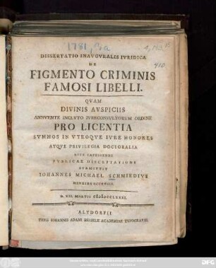 Dissertatio Inavgvralis Ivridica De Figmento Criminis Famosi Libelli