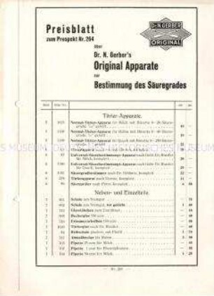 Preisblatt zum Prospekt Nr. 264 über Dr. N. Gerber`s Original Apparate zur Bestimmung des Säuregrades / Nr. 268