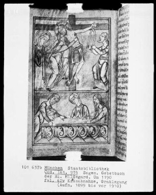 Sogenanntes Gebetbuch der heiligen Hildegard — Bildseite mit zwei halbseitigen Miniaturen, Folio 62verso