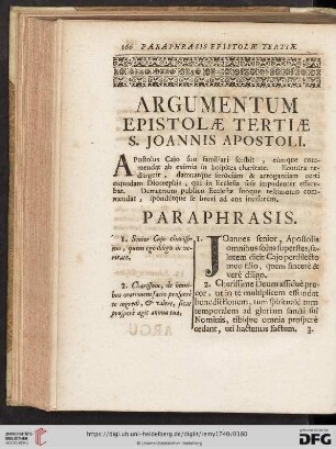 Argumentum Epistolæ tertiæ S. Joannis Apostoli / Paraphrasis