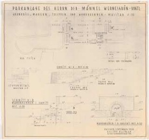 Garten Männel, Wernesgrün: Details: Mauer, Treppen und Wandbrunnen: Grundriss, Schnitte, Ansicht 1:50, 1:20, 1:5