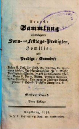Neueste Sammlung auserlesener Sonn- und Festtags-Predigten, Homilien und Predigt-Entwürfe, 1.