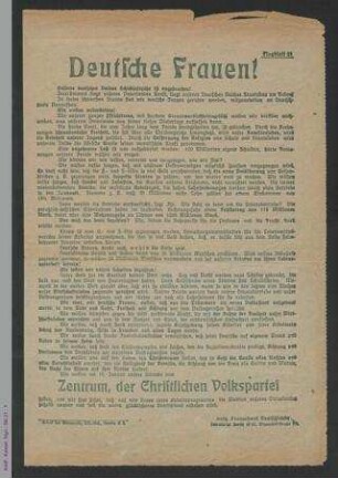 Wahlaufruf des Katholischen Frauenbundes Deutschland zur Reichstagswahl am 19. Januar 1919 für das Zentrum: Deutsche Frauen!