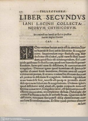 Liber Secundus. Iani Lancini Collectaneorum Chymicorum.