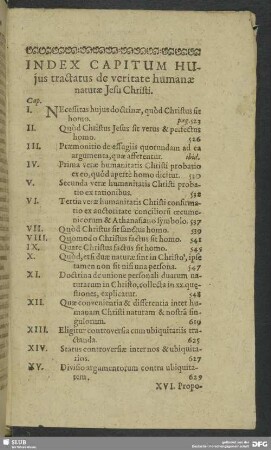 Index Capitum Hujus tractatus de veritate humanae naturae Jesu Christi