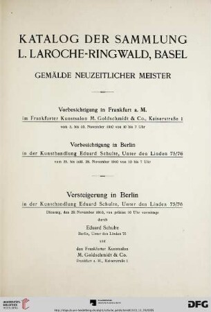 Katalog der Sammlung L. LaRoche-Ringwald, Basel : Gemälde neuzeitlicher Meister ; Versteigerung 29. November 1910