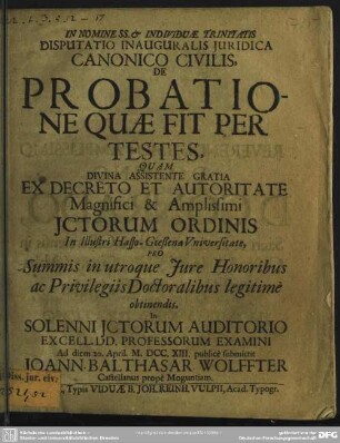 Disputatio Inauguralis Iuridica Canonico Civilis, De Probatione Quae Fit Per Testes