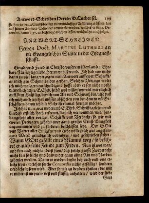 Antwort-Schreiben Herren Doct. Martini Lutheri an die Evangelischen Stätte in der Eydgnoßschafft