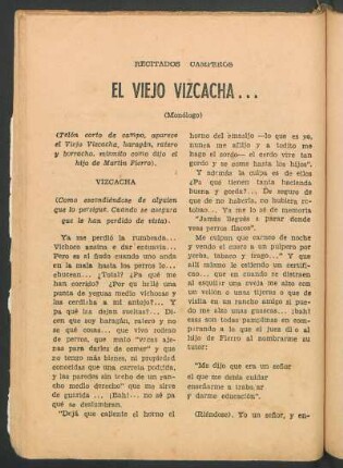 El viejo Vizcacha... : (Monólogo)