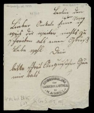 Brief von Auguste Grimm an Johann Werner Henschel