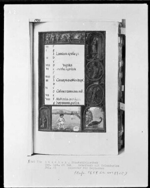 Gebetbuch mit Kalendarium — Buchseite mit Monatsbild September und Tierkreiszeichen, Folio 13recto