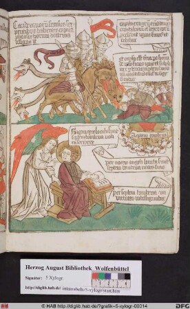 Oben: Die vier Engel vom Euphrat auf ihren Rossen (Offenb. 9,15). Unten: Der Engel mit dem Büchlein (Offenb. 10).
