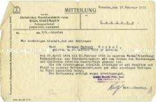 Bescheinigung über die Beschäftigung und Entlassung eines Beschäftigten einer Maschinenfabrik