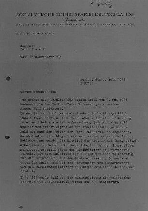Brief von Hermann Axen an Kurt Beck