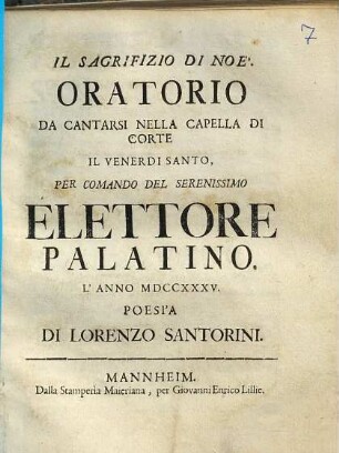 Il Sagrifizio Di Noe' : Oratorio Da Cantarsi Nella Capella Di Corte ...