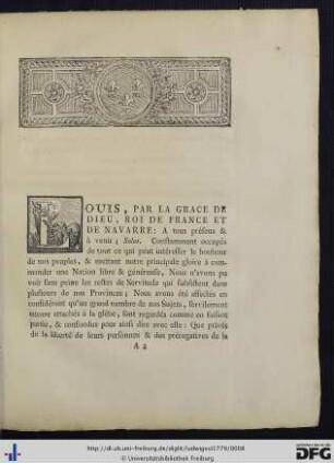 Édit Du Roi, Portant suppression du Droit de Main-morte & de Servitude, dans les Domaines du Roi, & dans tous ceux tenus par engagement.