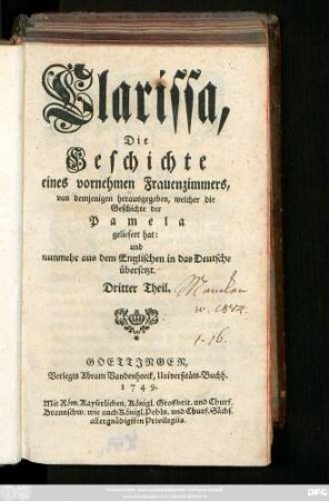 Theil 3: Clarissa, Die Geschichte eines vornehmen Frauenzimmers