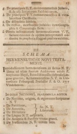 III Schema. Hermeneuticae novi testamenti.