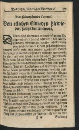 Das siebenzehende Capittel. Von etlichen Einreden hiewieder/ sampt der Antwort.
