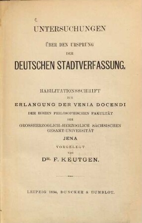 Untersuchungen über den Ursprung der deutschen Stadtverfassung