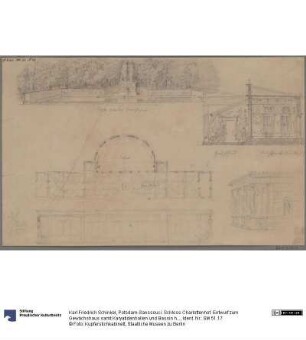 Potsdam-Sanssouci. Schloss Charlottenhof. Entwurf zum Gewächshaus samt Karyatidenhallen und Bassin hinter Gewächshaus