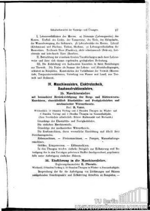 IV. Maschinenlehre, Elektrotechnik, Baukonstruktionslehre